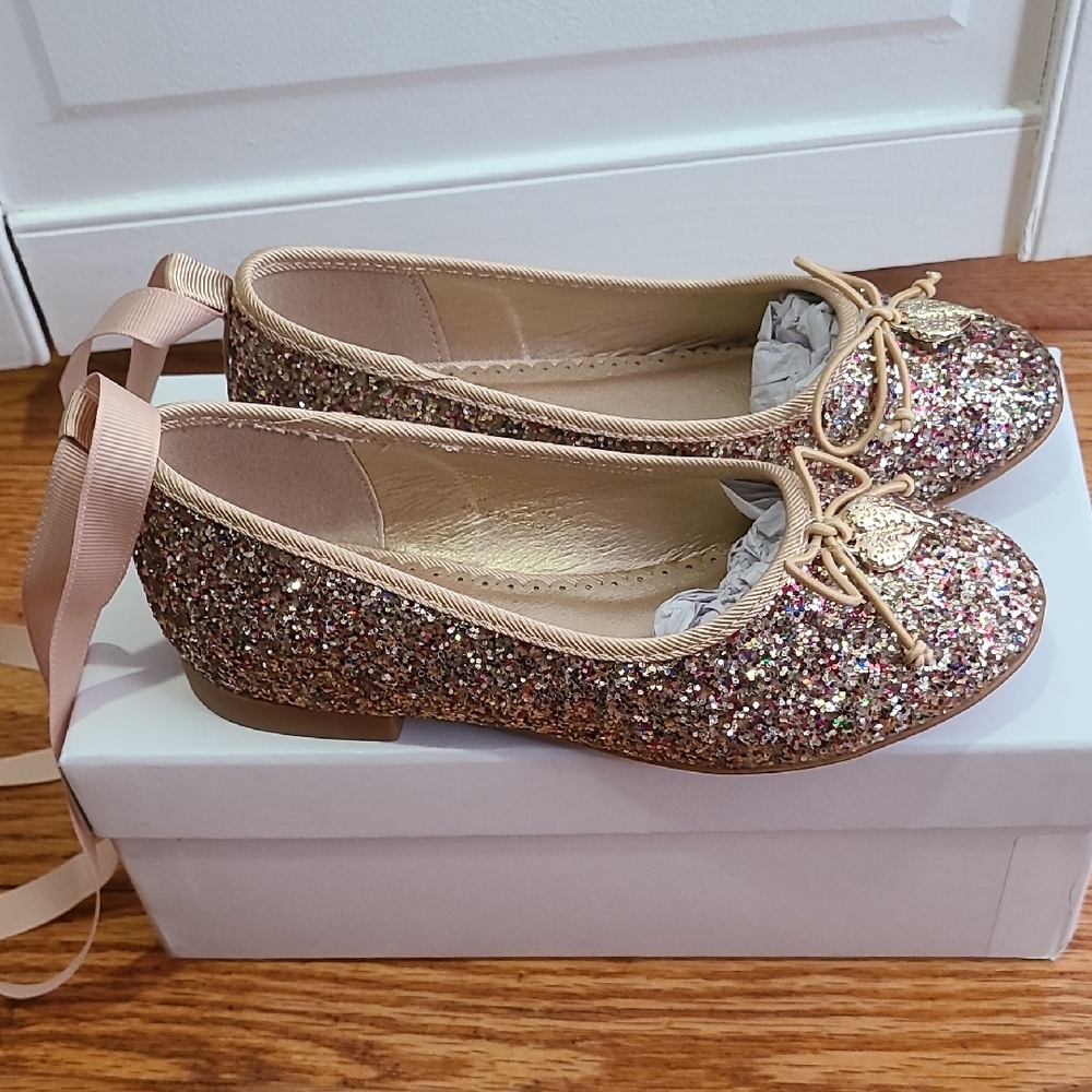 Girls' Glitter Ballet Flats with Ribbon Tie - Pink Gold